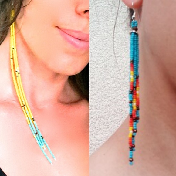 Handcrafted beaded gold tone blue yellow  earrings 💛💙 maxi 5.5” long 🆕 - Picture 7 of 7